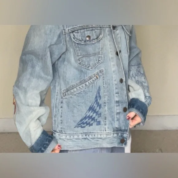 Hollister Light Medium Blue Denim Jacket Relaxed Fit Embroidered Customized Cute - Picture 4 of 10